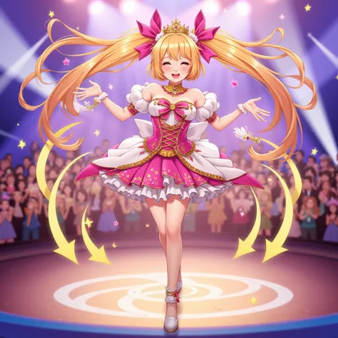 16歳　anime girl is dancing in front of a bunch of people on stage, 1girl, twintails, solo, closed eyes, blonde hair, smile, long hair, crown, open mouth, blush, bow, idol, hair bow