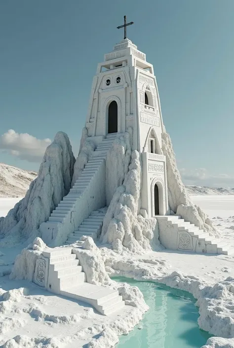 An ancient, small and humble temple on a salt flat mountain made entirely from salt