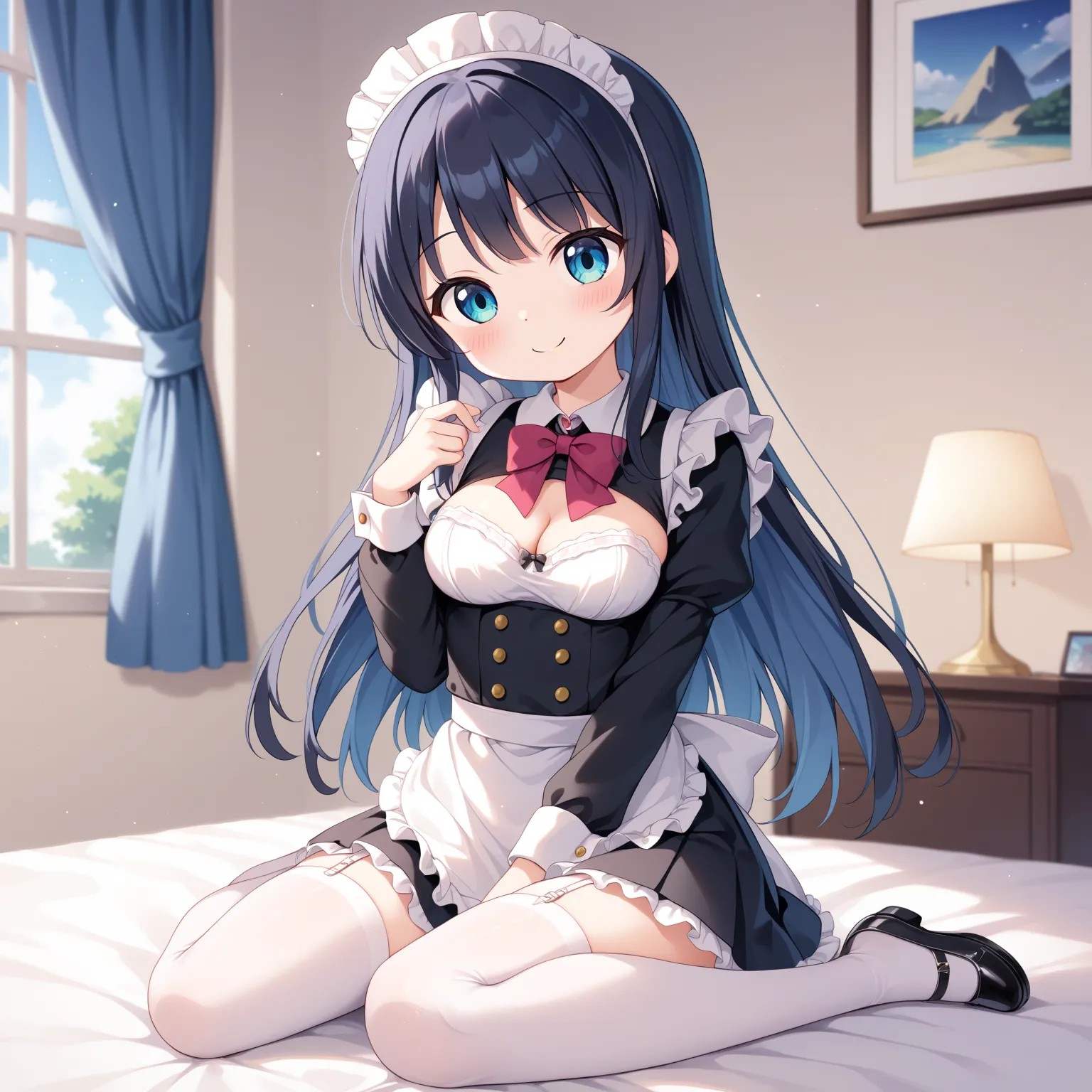 {best quality}, {very aesthetic}, {ultra-detailed}, {best illustration}, {masterpiece}, {detailed beautiful eyes}, {extremely detailed}, nsfw, cute female, sitting, medium breasts, maid:1.4), bedroom:1.3) ,, (loli, little, ultra cute kawaii:1.6), smile, bl...