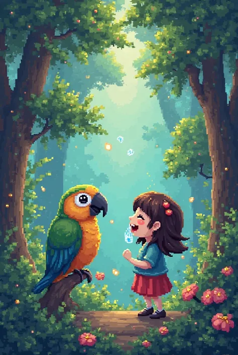 A girl is singing song with parrot and parrot is crying video is to be surrounding and came to the girl face and they are in forest in 3d pixel 