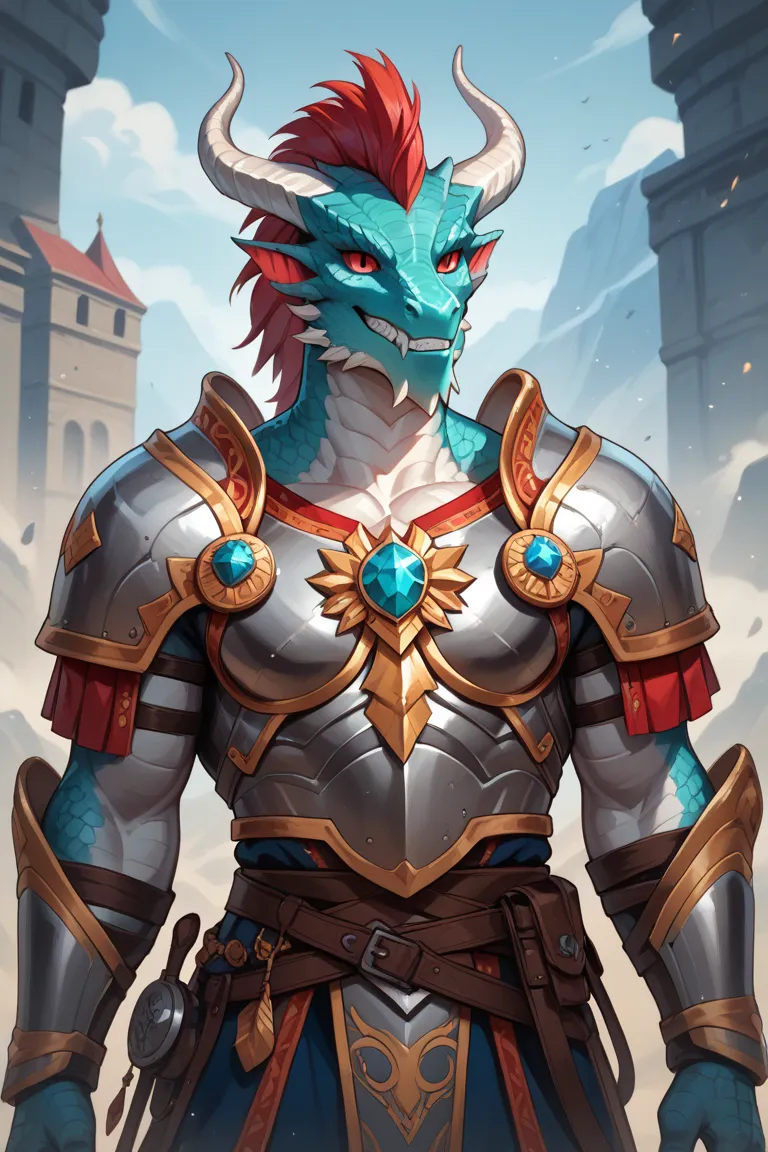 masterpiece, dragonborn homem, great divine warrior wearing heavy plate armor adorned with draconic props that a multicolored circular symbol stands out on his chest, Its gray scales have green features and on the top of its head there is a mohawk of white...