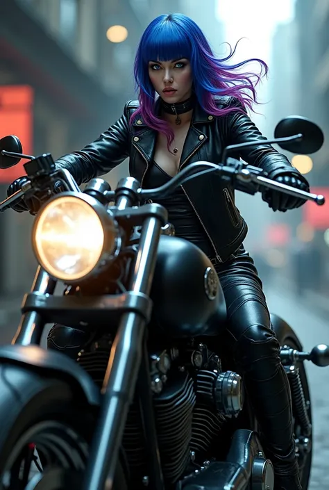 A woman with blue and purple hair and light blue eyes in a black jacket and a gothic outfit she is riding a motorcycle 