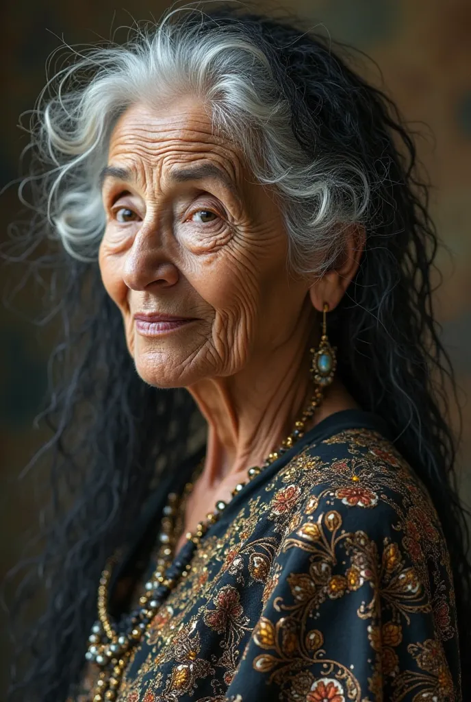 An old woman with her back is bent, her hair is black, her hair is white, her face is beautiful and full of wrinkles. Her eyes are as wide as the color of the sea. Her dress is made of gold and silver threads decorated with precious stones