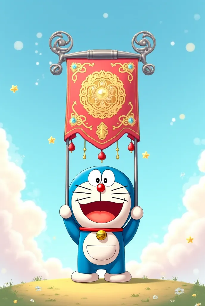 Doraemon holding a gonfalon