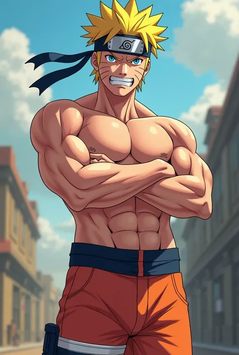 naruto ( ) wearing red shorts, Shirtless, flexing your right arm to show your muscles, with an arrogant smile on his face, con el mismo estilo de animación del programa original de naruto 