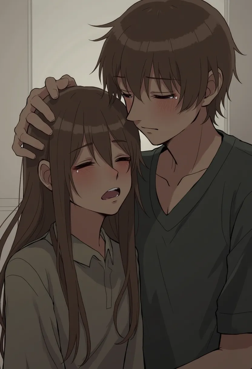 1girl, 1boy, crying, tears, long_hair, hand_on_another's_head, brown_hair, comforting, closed_eyes,can we be together ?