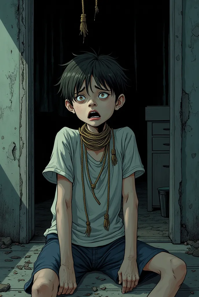 Create a comic-style image where a very sad boy is about to commit suicide by hanging around his neck