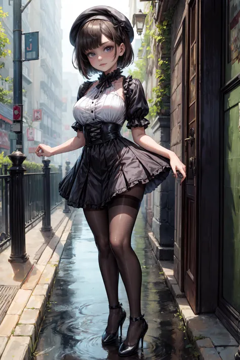 Gothic Lolita　miniskirt　pantyhose　high heels　woman　full body　bob cut standing beret　the whole body is soaked