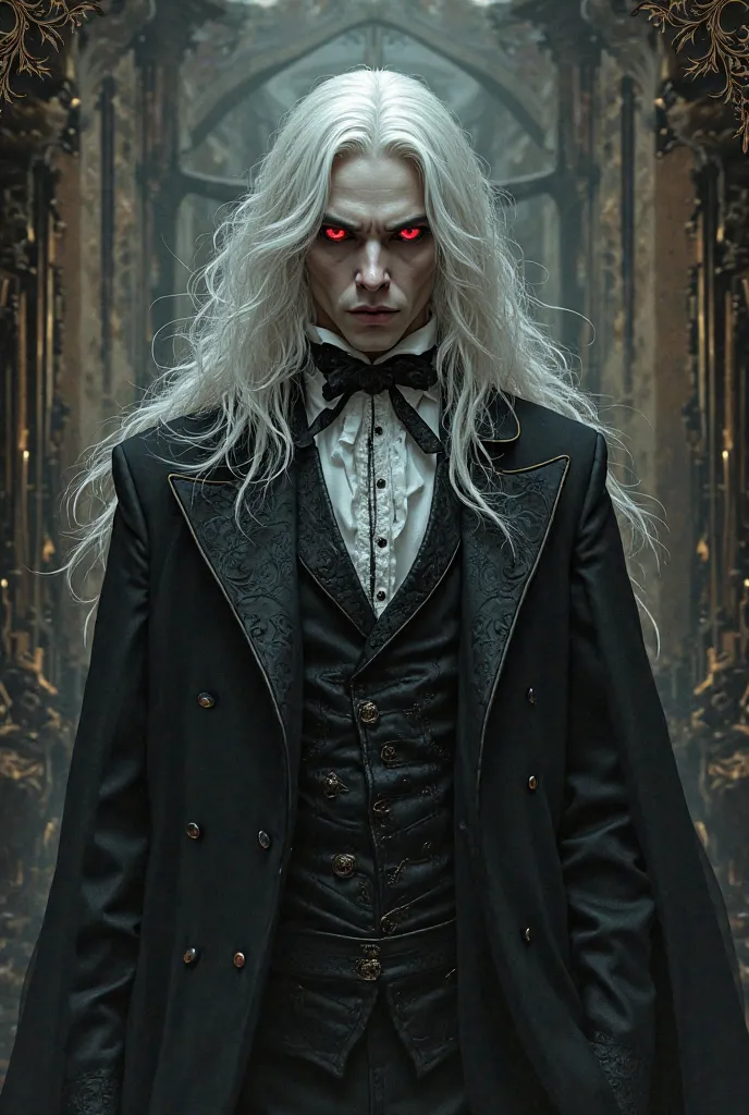 man, Victorian Gothic clothing. White hair, long and red eyes. 