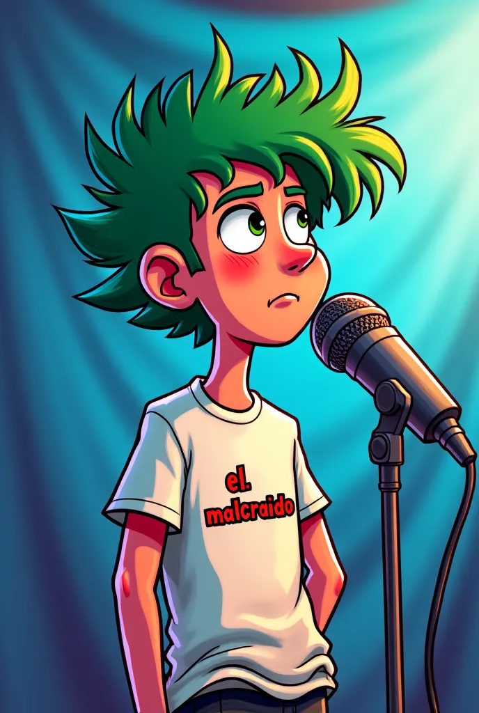 cartoon of a young man in the shirt written phrase "El MALCRIADO SV "CABELLO COLOR VERDE background the blue and white flag speaking into a professional studio microphone