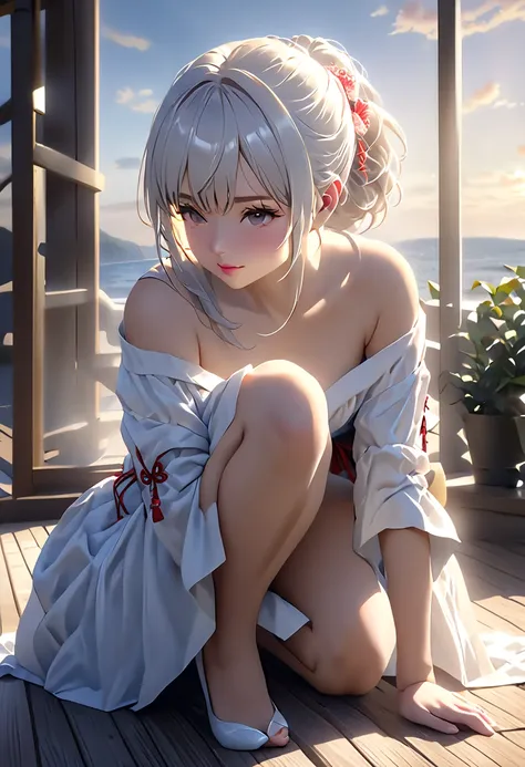 best quality, masterpiece, Ultra High Resolution, (Photorealistic: 1.4), RAW photo, 1 girl crouching, Off Shoulder, Cinematic Lighting, Kissing Pose, Erimi Mushibami,  white hair,  white hair