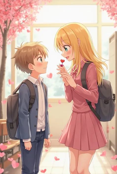 The boy is shorter than girl,candy,school uniform,couple,feeding candy,blonde hair girl,Valentines,white day,cute,anime style,hug,jumping,looking at viewers 