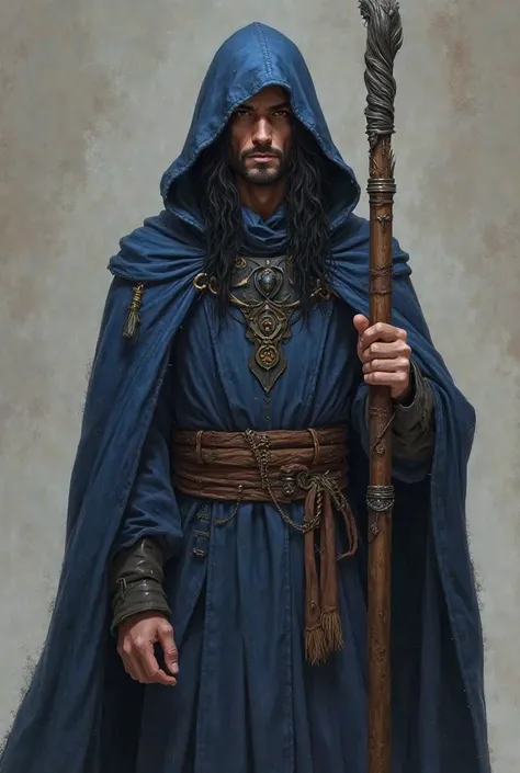 DND world view，Human mage， male，Caucasian，Age: 25，long black hair， without a beard，Wear a navy blue robe with a hood，The hood covers the eyes，and the right holds a long wooden stick with both ends wrapped in iron，