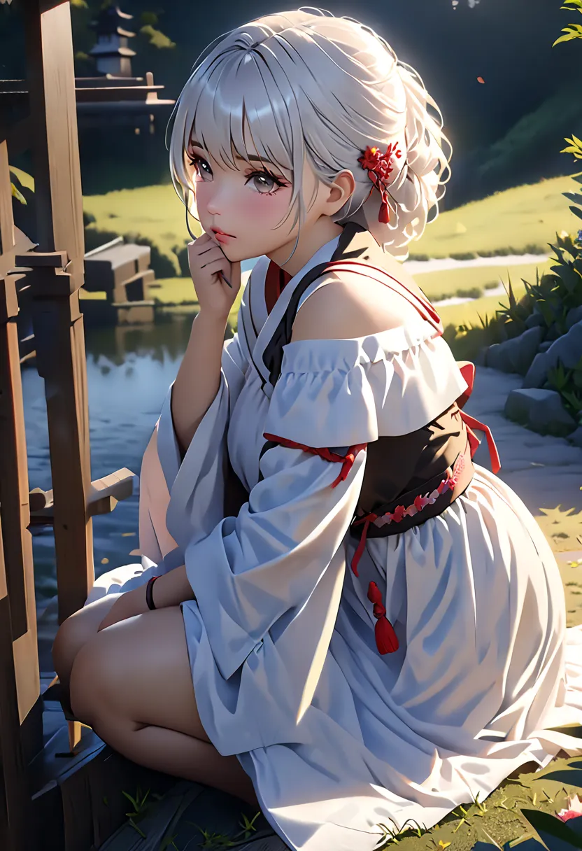 best quality, masterpiece, Ultra High Resolution, (Photorealistic: 1.4), RAW photo, 1 girl crouching, Off Shoulder, Cinematic Lighting, Kissing Pose, Erimi Mushibami,  white hair,  white hair