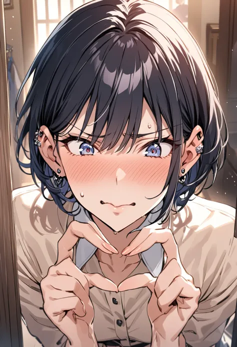 ((masterpiece, best quality)), androgynous male, feminine features, short hair, bob cut, secretly showing aegyo, hidden cute gesture, peeking through fingers, blushing heavily, embarrassed expression, trying to hide face but showing heart gesture, delicate...