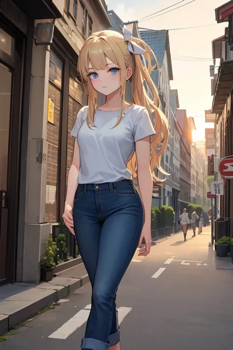 Young girl. blond hair, long hair, the hair is tied at the back with a white ribbon , blue eyes,  grey t-shirt ,( light blue wide-leg jeans),  is walking down a spacious street in town ,  small hips , small pelvis , day, the sun illuminates the hair , hand...