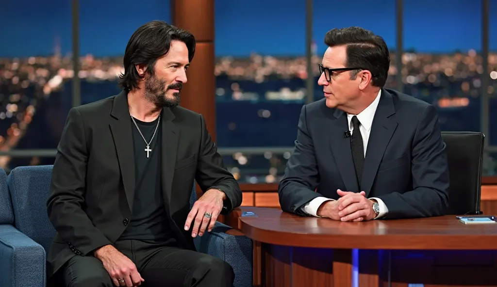 A highly detailed and photorealistic image of Keanu Reeves and Stephen Colbert engaged in a deep conversation on a late-night talk show. Keanu Reeves is dressed in an all-black outfit, consisting of a black suit, black dress shirt, and no tie. Around his n...