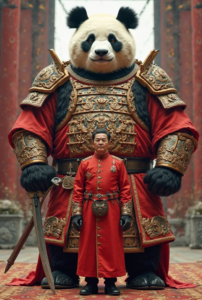      
| **China**          | A **majestic giant panda**, clad in **red and gold imperial battle robes**, wearing **dragon-etched shoulder armor**, and gripping **a massive guandao (Chinese war blade)**. The **President**, in a traditional yet modern red un...