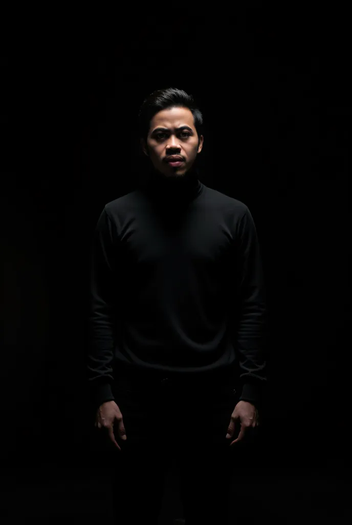 A man standup with black background, with contrast shadow and  highlight, us turtleneck 