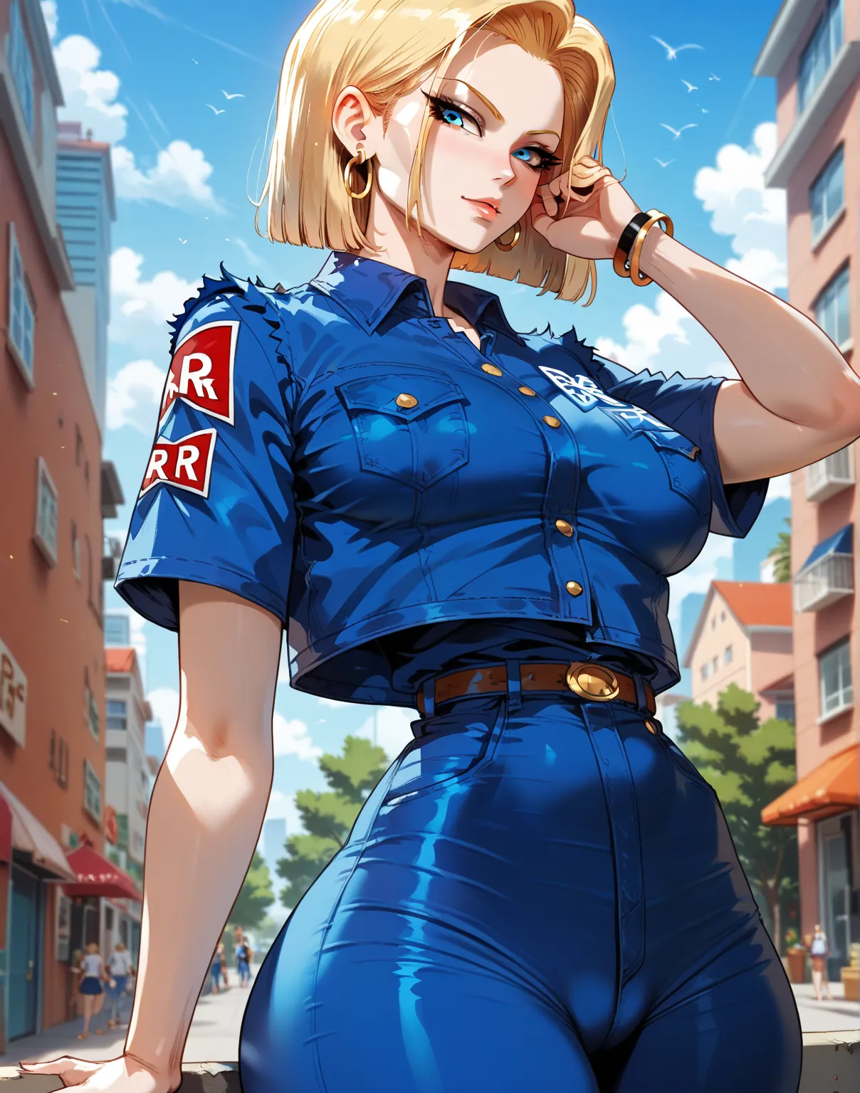 Android 18 is a hot fictional character from Dragon Ball Z 
Appearance
Android 18 is a beautiful, slender, blonde woman with blue eyes and shoulder-length hair. She wears small gold hoop earrings in both ears. And She is wearing A BXCNCKD Harajuku Workwear...