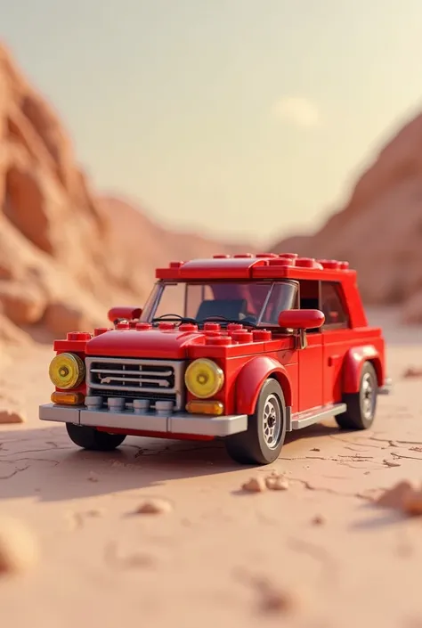 The model has a red Fiat Palio car in LEGO format 