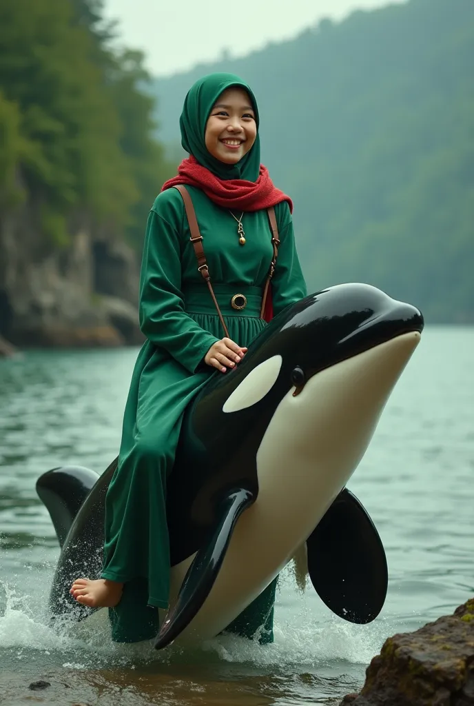 Create realisticphoto a charming photo manipulation with a beauty smile Dutch girl wearing a green hijab and a red scarf around her neck as the main character, wearing green longdress gamis, barefoot, riding a VERY REALISTIC big orca, laut berombak