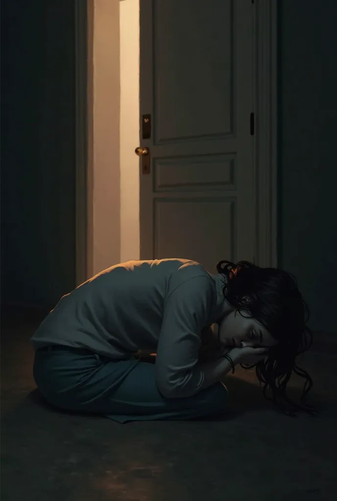 Woman lying in front of a door that is partially closed giving a faint light coming from the corridor