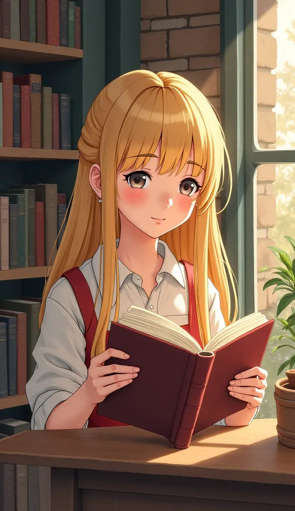 Anime style image of a  girl with blond hair without bangs, girl reading a book in front of a bookstore