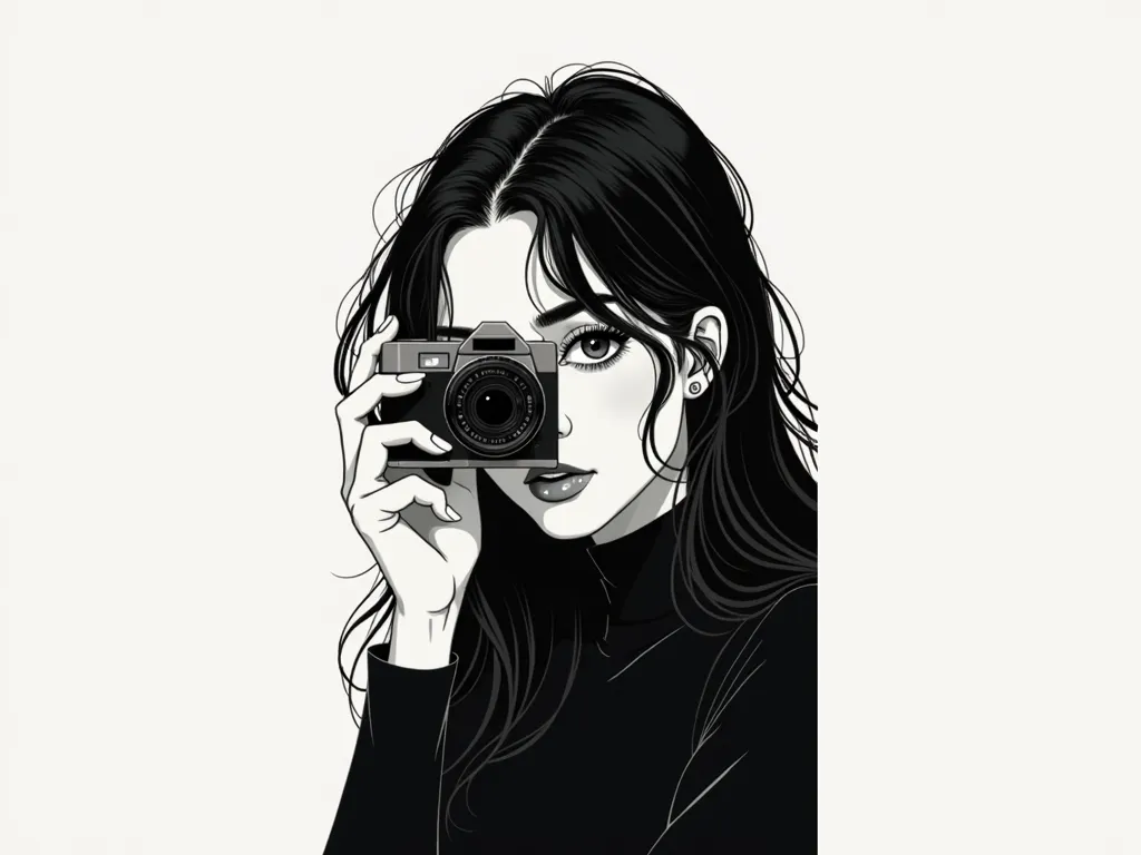 Retro manga art style, latino girl, black, long hair, wears black turtle neck,  looking through a camera, zen, black and white, colorless, on to the camera 