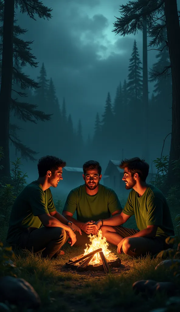 Three Young Man Friends In Green Shirts Sitting In The Dark Forest At Stormy Night With Campfire And A Camp In background, Talking, Realistic 