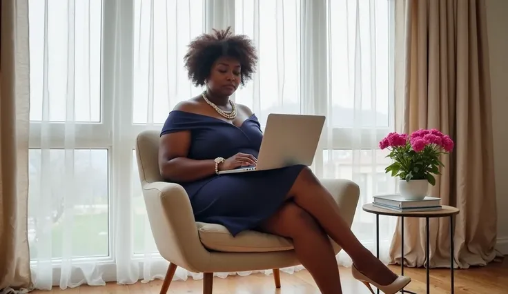 A photo of a busty plus-size African American woman sitting on a chair in a room with large windows covered by beige curtains. She is wearing a short navy blue gown and beige high heels, with a pearl necklace and a wristwatch. She is using a laptop placed ...