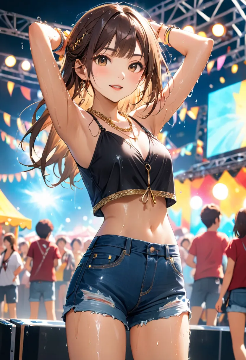 Japanese girl in a black bikini with gold chain details, paired with denim shorts, standing at a music festival. Her long brown hair is wet and styled with bangs, and she strikes a relaxed pose with one hand behind her head. Her expression is calm and conf...