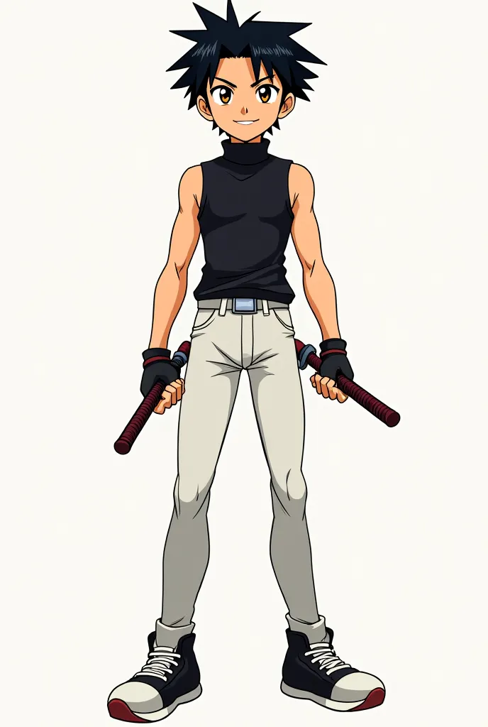 A young anime-style warrior, with misaligned black hair, penetrating yellow eyes and a sturdy and aesthetic body.sleeveless turtleneck vest, tight white pants and martial arts sneakers. In each hand , Wield a tonfa, a handgun, composed of a rod with a hand...