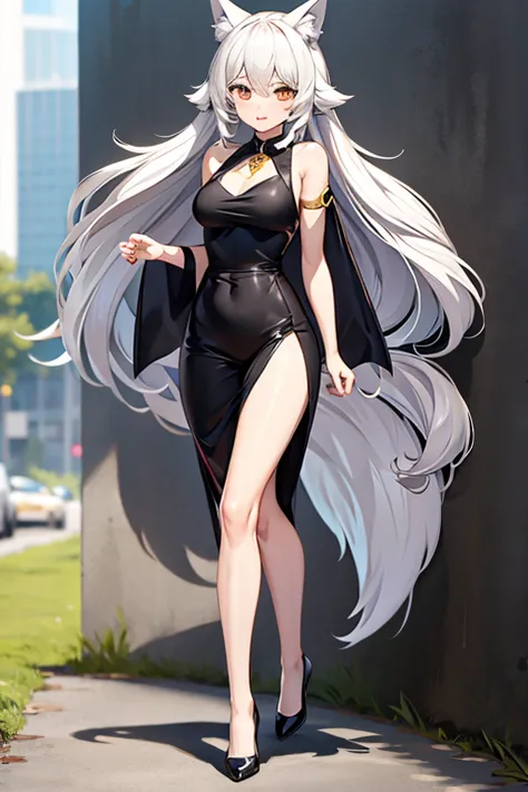 walking, full body,wolf girl,small massive breast