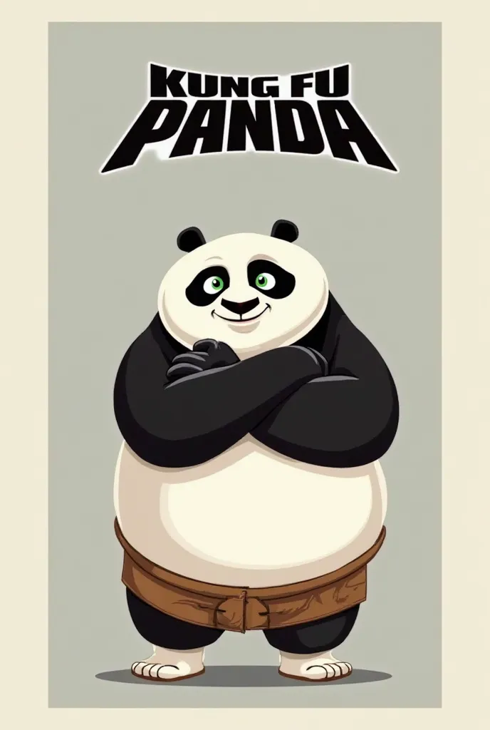 A vector illustration of Po, the panda from the Kung Fu Panda movie series, standing with his arms crossed and a confident smile on his face. The text "KUNG FU PANDA" is stylized in a bold, black font and stacked vertically above his head. Po is depicted i...