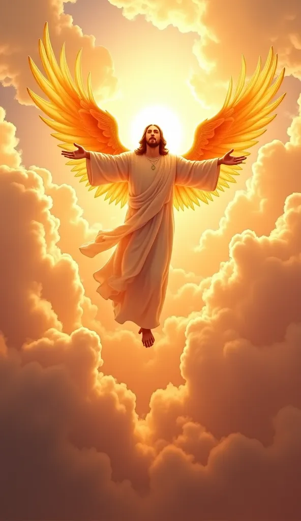 Jesus flying in the sky with a phoenix 