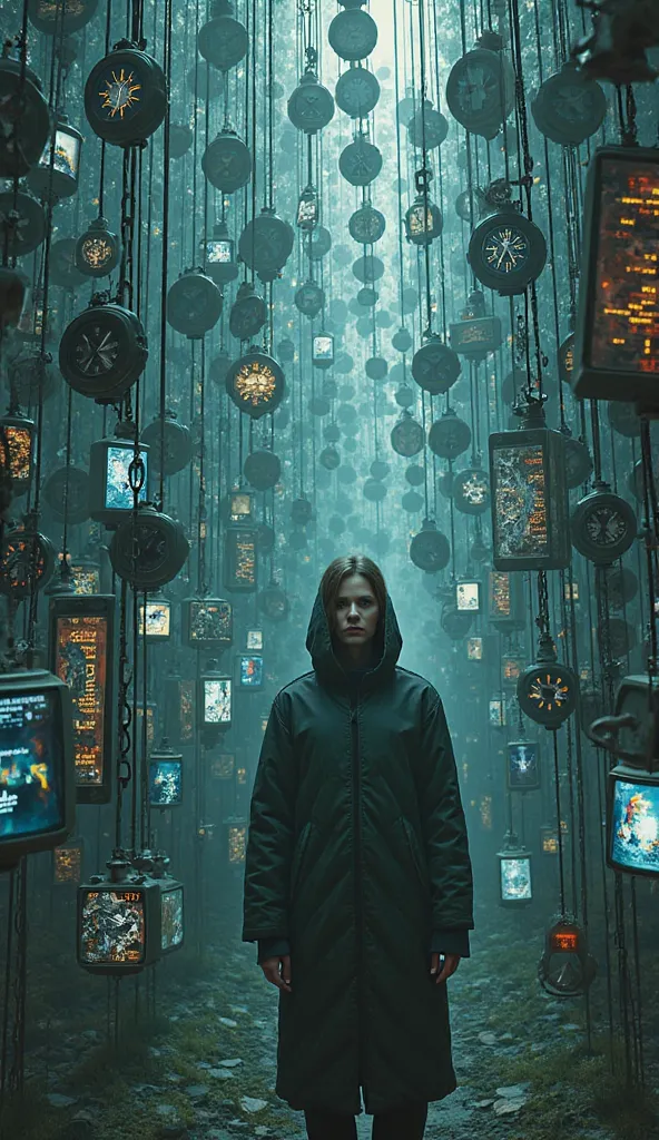 A person trapped in an invisible cage made of watches and screens.