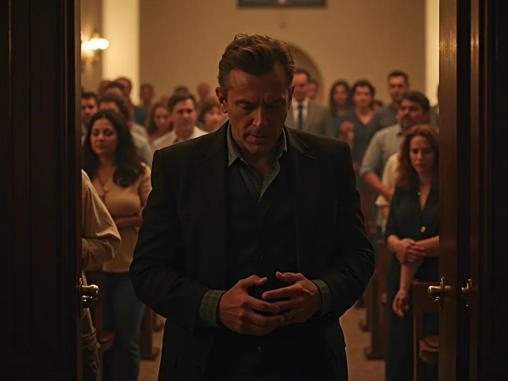 An intense scene and cinematographic within an evangelical cult. Faithful are gathered, some with their eyes closed in prayer, others attentive to the preacher in the pulpit. In the midst of the congregation, a sneaky man stands out. Wearing dark and discr...