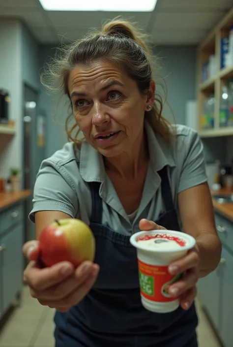 Play a cleaning lady stealing yogurt and an apple so she can eat because she hasn't eaten for days 