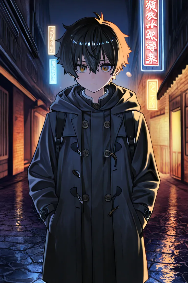 *"A young male detective with short, slightly messy black hair and sharp, observant eyes, wearing a long, dark detective coat over a simple but practical outfit. He stands in a narrow alleyway in Jakarta at night, the dim glow of streetlights casting long ...