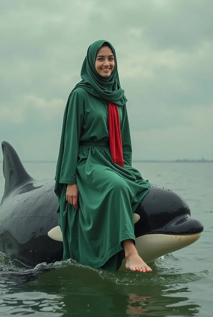 Create realisticphoto a charming photo manipulation with a beauty smile mature Dutch girl wearing a green hijab and a red scarf around her neck as the main character, wearing green longdress gamis, barefoot, riding a VERY REALISTIC big orca, laut berombak