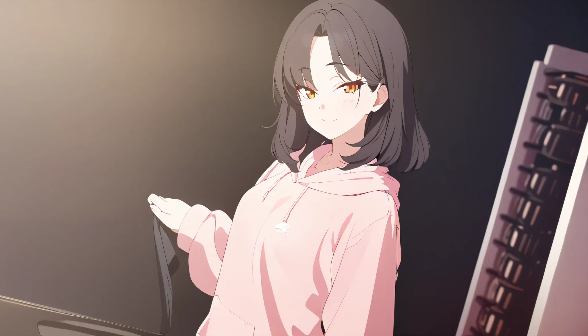 masterpiece, best quality, solo, 1girl, mature, dark brown hair, medium hair to shoulder, wavy straight hair, orange eye, small breast, pastel pink hoodie, standing, looking at viewer, chill, smiling, black background only