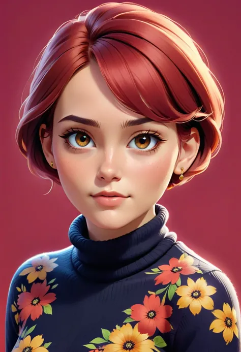 
black hat gold  round earrings Young woman with very short red hair, wearing a floral turtleneck sweater fully covering her neck, looking directly at the camera, digital paint look, painting 3D, casual game style, front light lighting, solid background po...