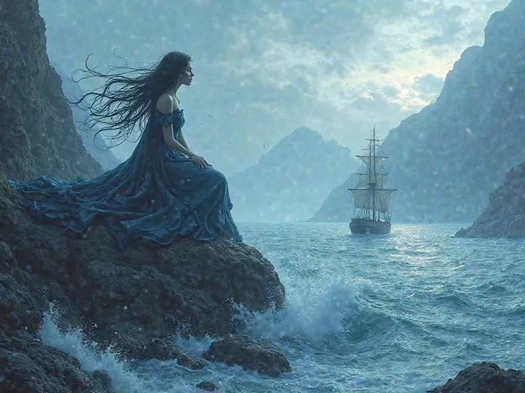 "Une sirène mystérieuse et envoûtante, Lorelei, avec de longs cheveux dorés flottant dans le vent, assise sur un grand rocher au bord d'un fleuve, dans un paysage brumeux. Elle chante. Autour d'elle, la mer , les vagues. Une barque s'approche dangereusemen...