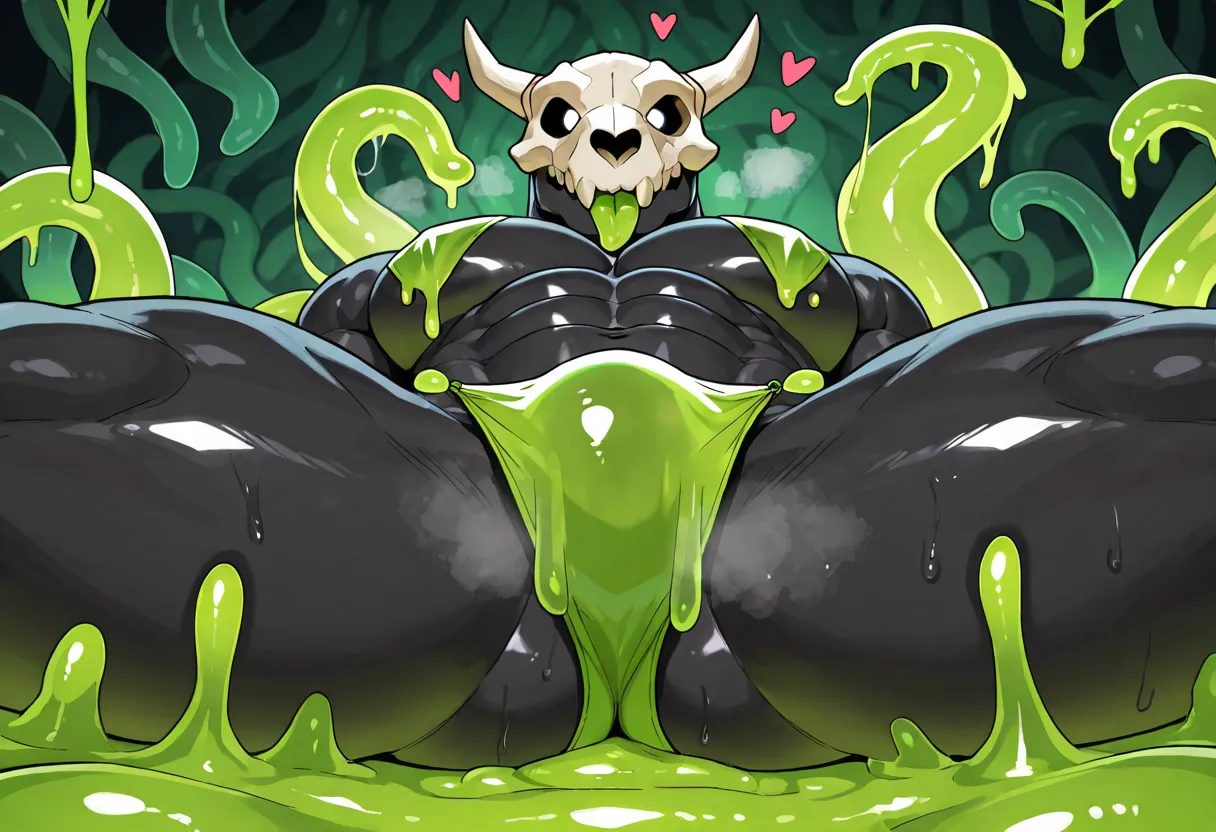 Highest qualiti,perfect anatomy,animal skull head,black skin,male wearing dark-green slime panties,tribe robe,heart sign,skimpy,bara,view from below,super big bulging crotch,green slime tentacles background,tongue,slime,slime veil,face coverd in slime,whit...