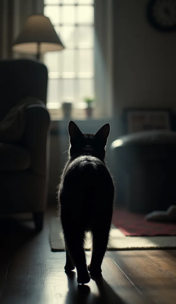 The view ahead reveals a dimly lit living room, furniture looming large in the shadows. A shaft of light from a nearby lamp highlights dust motes drifting lazily in the air. In the foreground, the back of a black cat is visible, its pointed ears rotating s...