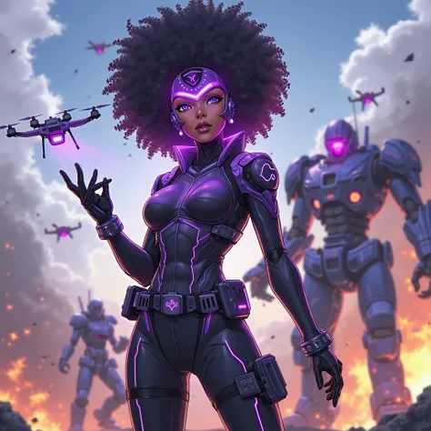 Create a highly detailed anime-style artwork of the Sentai Roxa in her superhero form. She wears a sleek, futuristic purple and black suit with glowing neon purple accents, a visor displaying data streams, and a utility belt filled with high-tech gadgets. ...