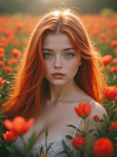 une femme aux cheveux roux dans un champ de fleurs, huge breasts, beauté éthérée, fille rousse, beaucoup de Merlot, beautiful femme rousse, cheveux roux doux, portrait doux en 8 k, femme rousse, incroyablement éthéré, une jeune femme rousse, déesse aux che...