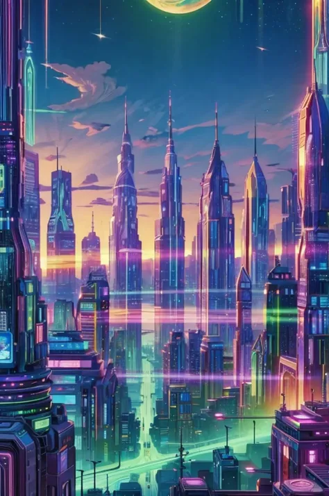 Near future,Town,SF movie,4K, Scenery,(( no people)),night,Townの中,未来のTown,anime,Pixel,Purple,green,Skyscrapers,((of contempt)),Wide roads