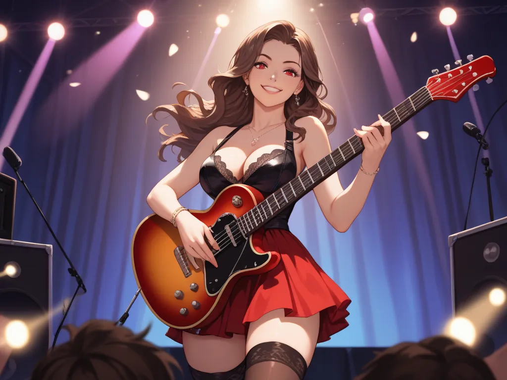 guild girl on her knees playing the electric guitar on her knees, 1girl, breasts,, solo,guitar, brown hair, red eyes, instrument, stage lights, thighhighs, long hair, smile, cleavage, 